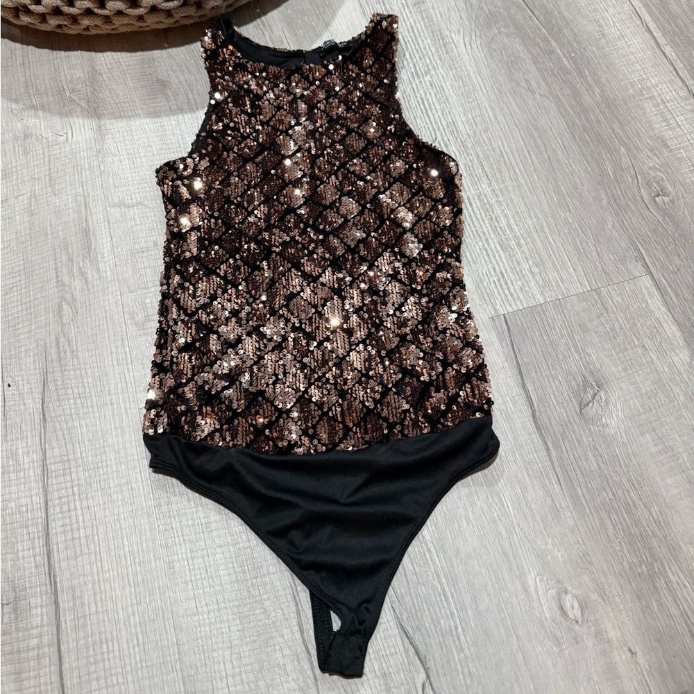 Forever 21 Black and Bronze Sequin Bodysuit